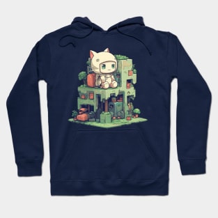 Small cute cat character sitting on a small building Hoodie